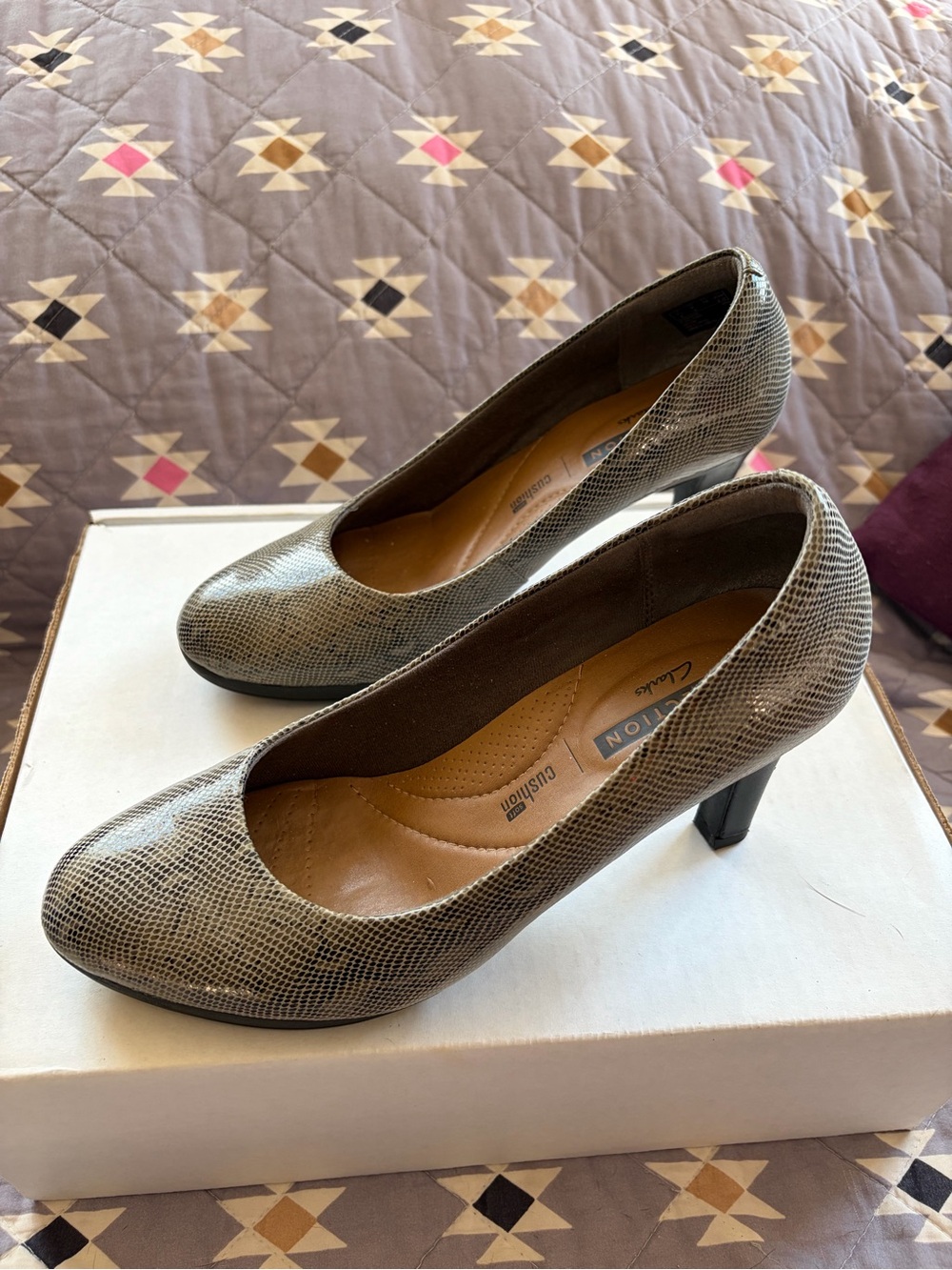 Clarks Taupe Snakeskin-Effect Mid Heel Pumps